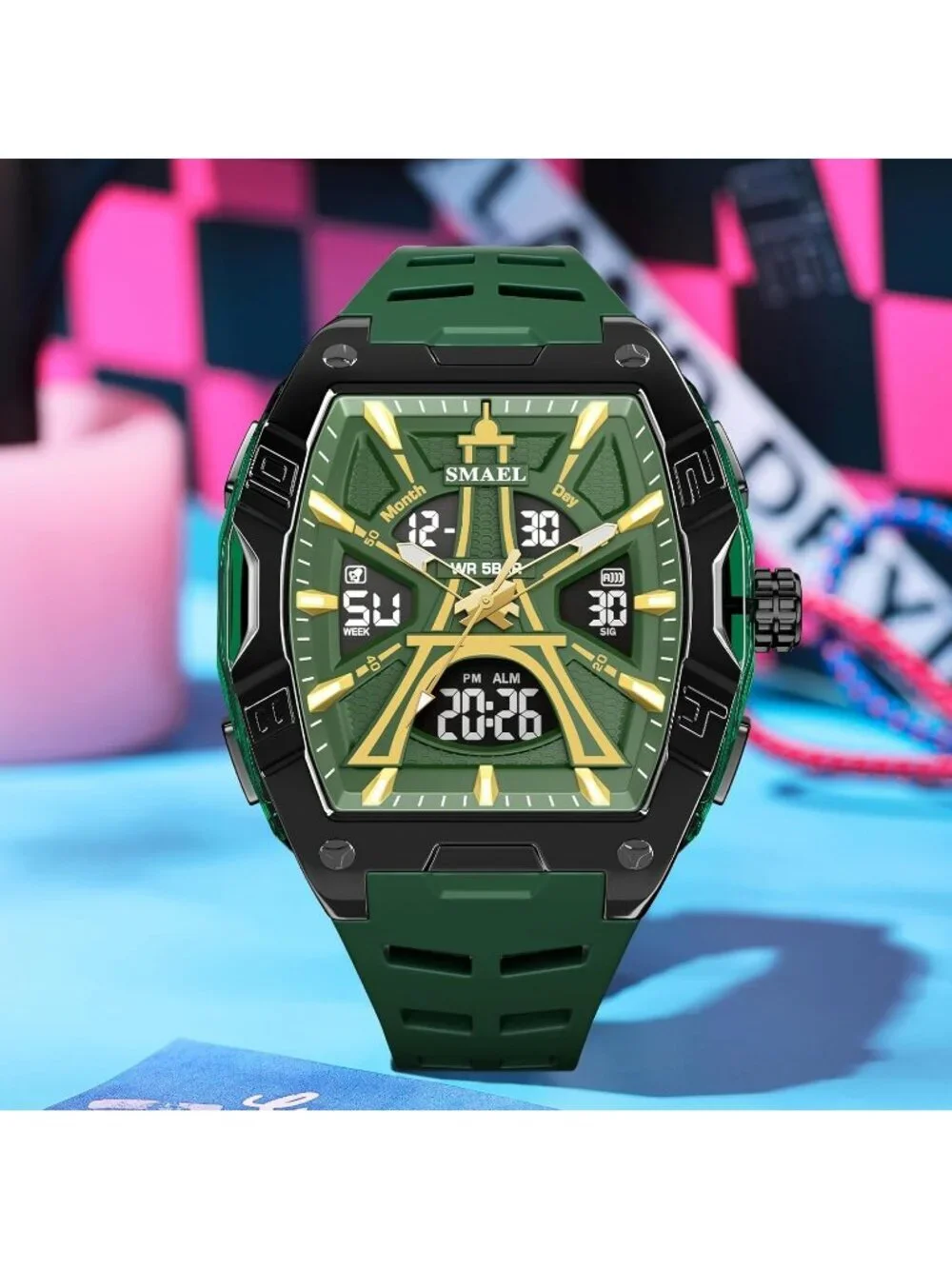 Men's Green Analog Quartz Waterproof Sports Classic Square LED Digital Watch
